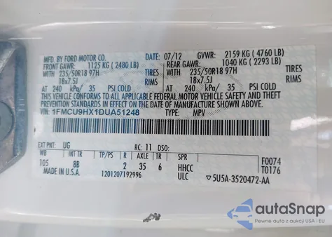 2013 Ford Escape Sel z USA, uszkodzony, nr VIN 1FMCU9HX1DUA51248